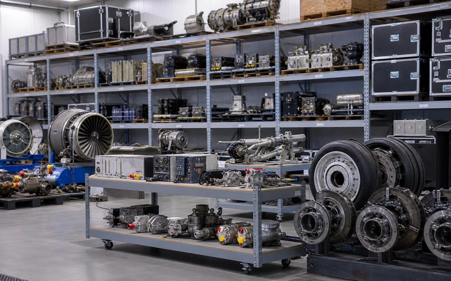 Organized commercial aircraft components in an aviation parts warehouse