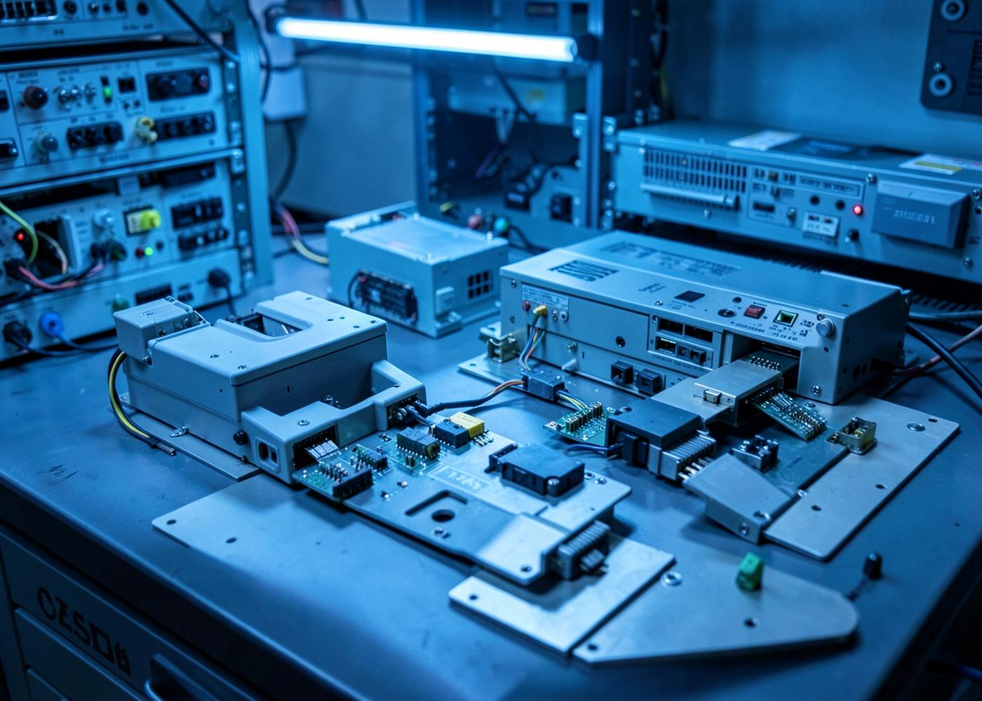 Avionics line replaceable units laid out on a test bench