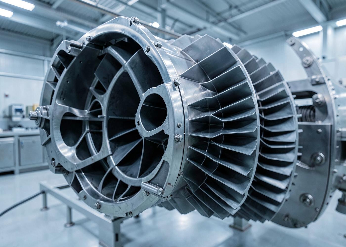 Turbine engine module with compressor blades in a clean technical workshop