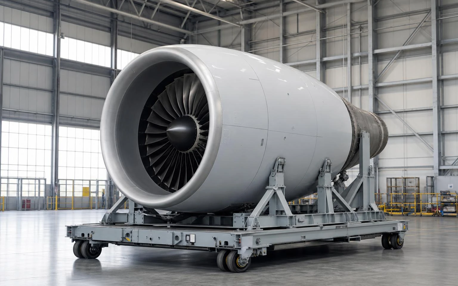 Commercial aircraft turbofan engine secured on a transport stand