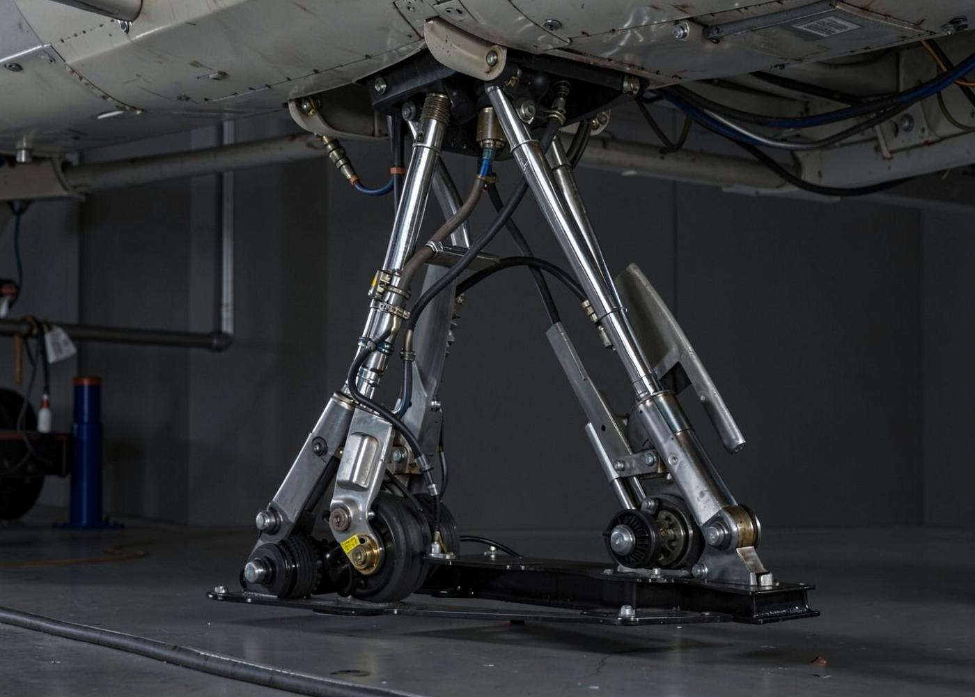 Main landing gear assembly supported on a stand inside a hangar