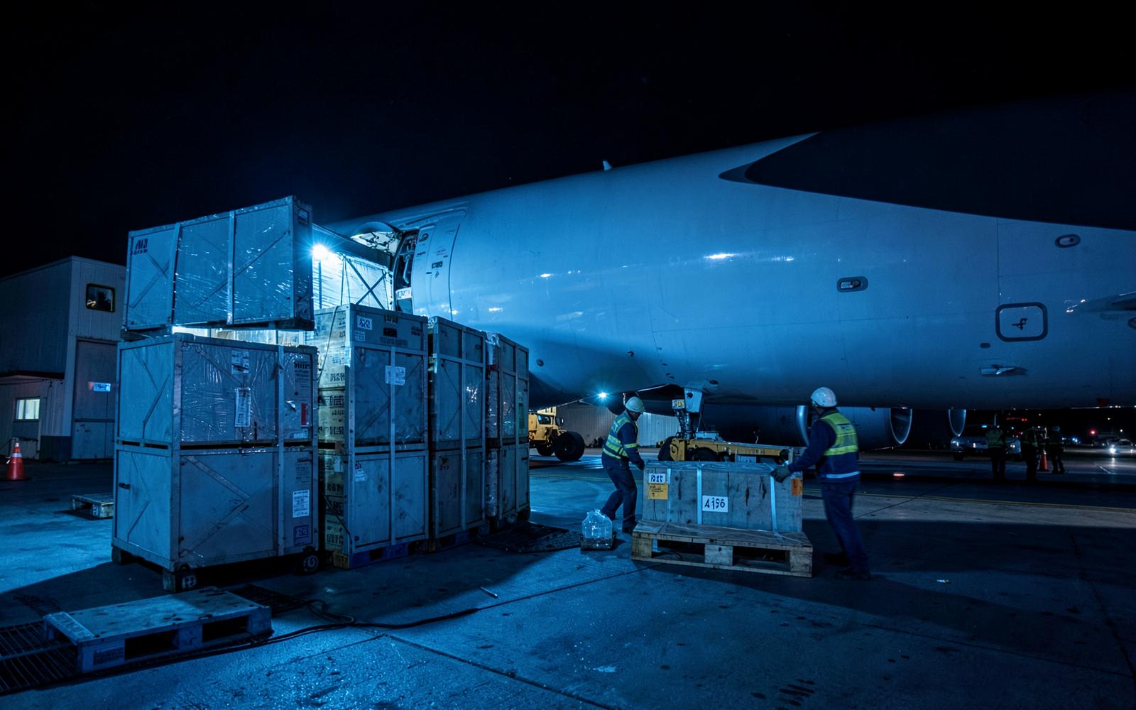 Freight pallets being loaded onto a cargo aircraft at night