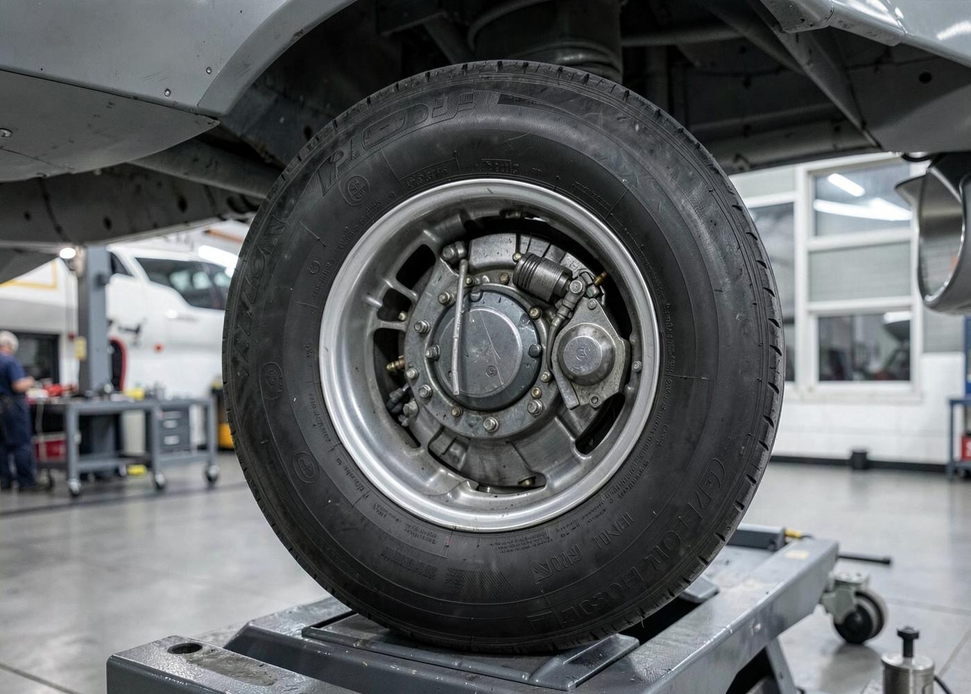 Commercial aircraft wheel and carbon brake assembly on a workshop stand